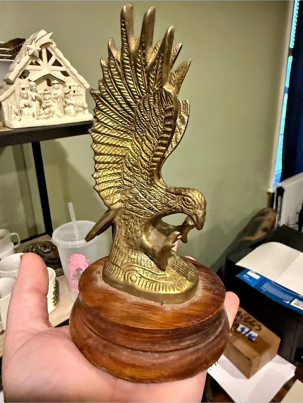 Brass Eagle Sculpture on Wood Base
